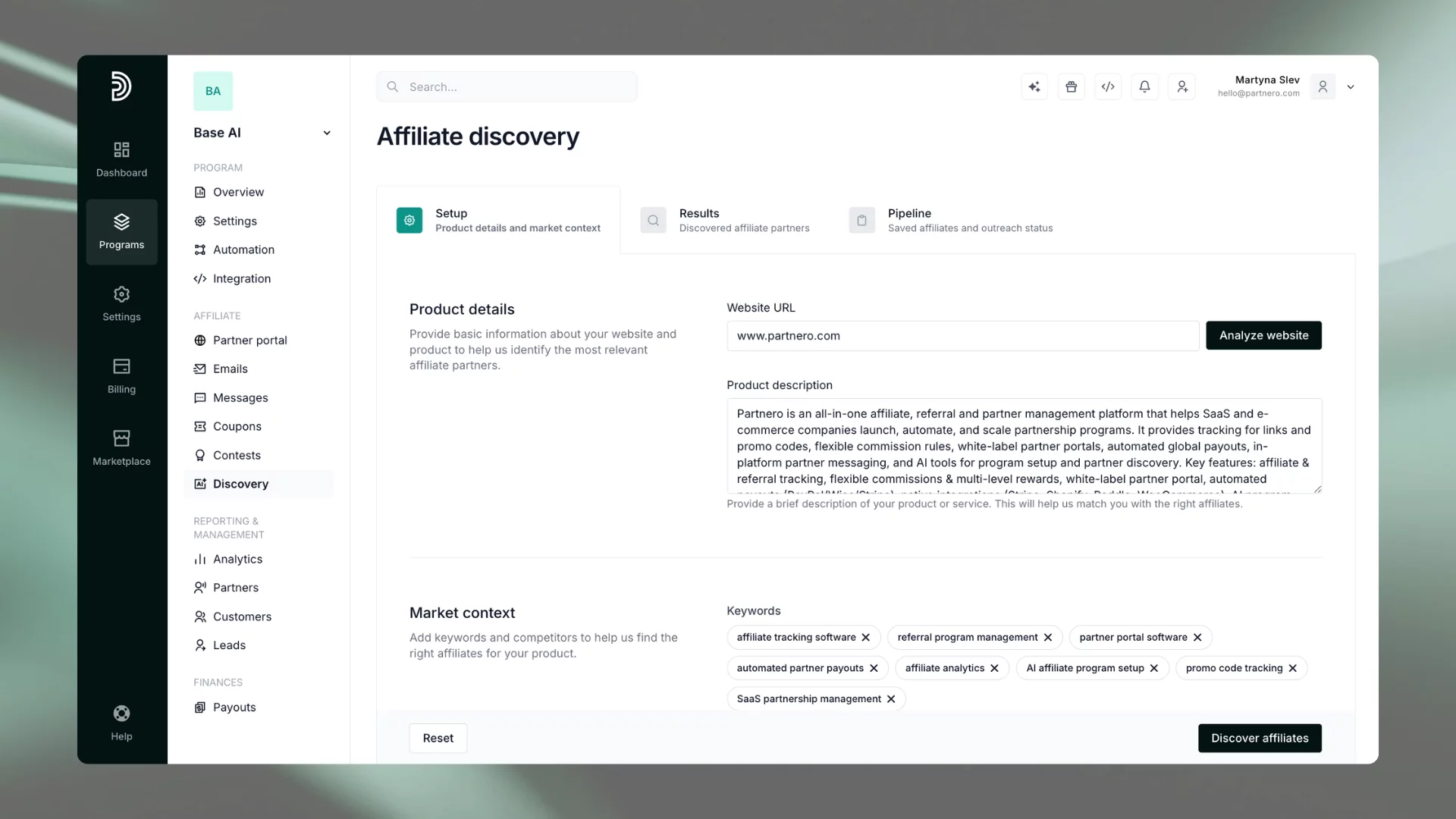 Affiliate discovery setup on Partnero